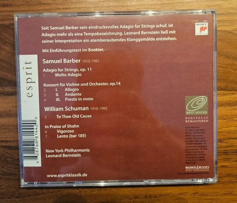 CD: CD Klassik: Barber "Adagio for Strings" Leonard Bernstein – Usato da Zürich venduto da phillyboy2007 1