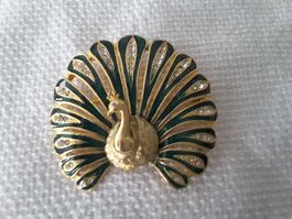 Hübsche Vintage Brosche Pfau mit Strass, Gold-Grün ( (Neu!)