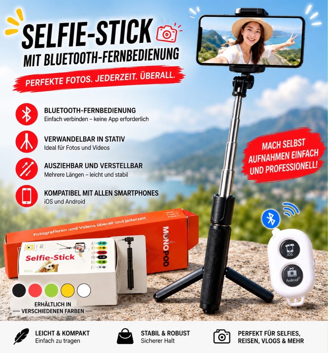 Telefoni cellulari / Smartphones: SELFIE-STICK MIT BLUETOOTH-FERNBEDIENUNG & STATIV  Startprei – Nuovo e nell'imballaggio originale da Oberweningen venduto da Tuk7777