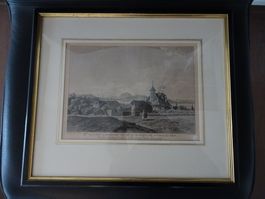 Zug  -  alter Stich Schloss Zurlauben  gerahmt Goldumrahmung