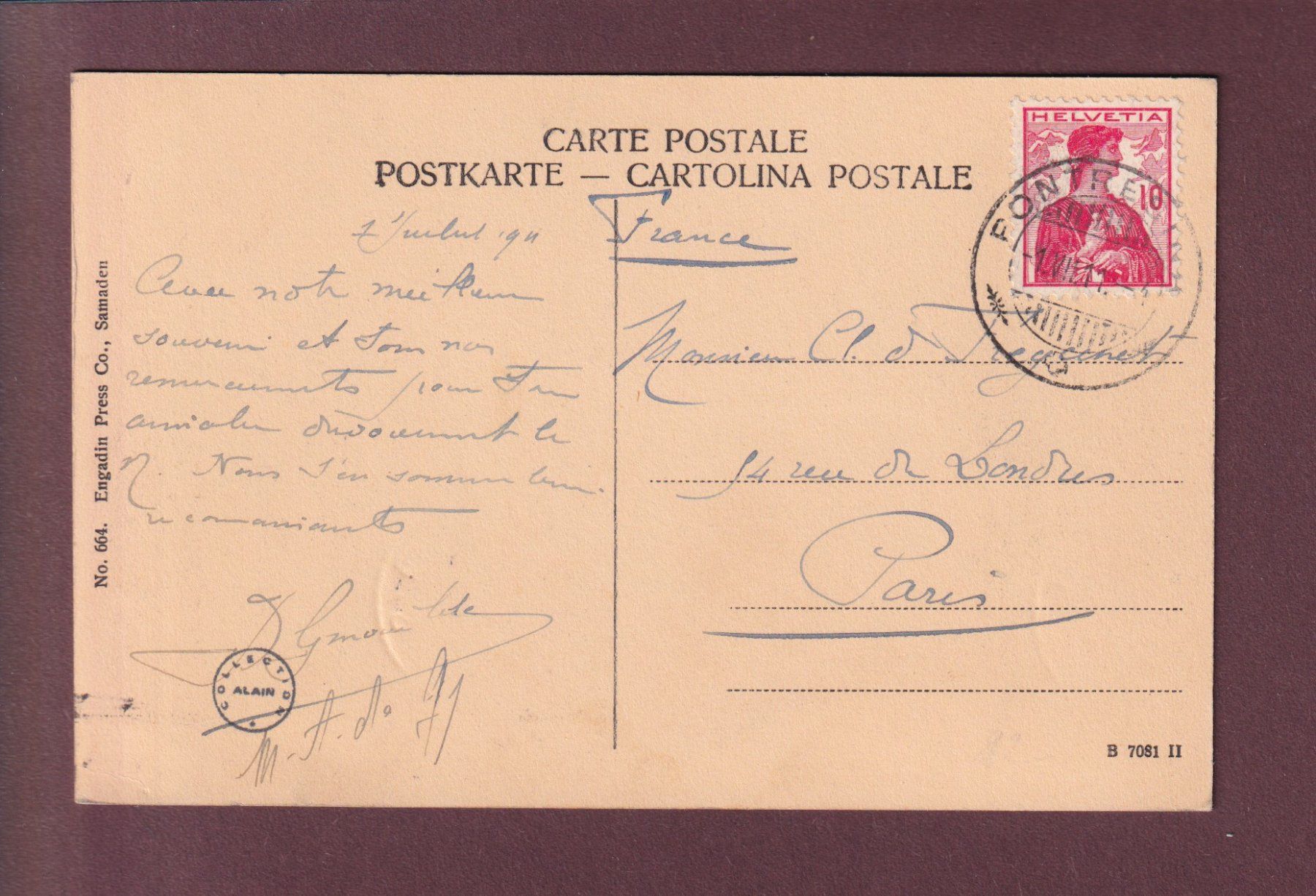 Ansichtskarten: PONTRESINA - 1911 – Gebraucht aus Pully von nicecards 1