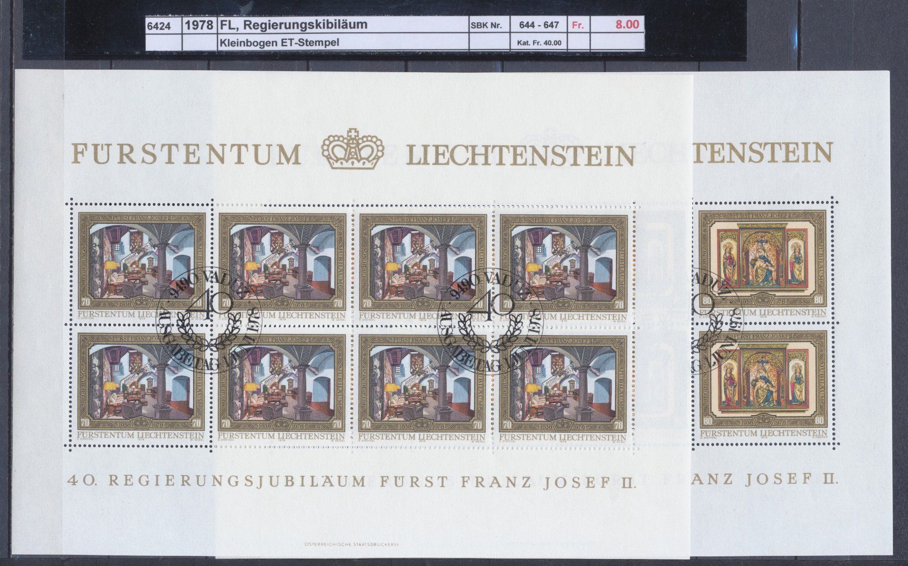 Tutti i francobolli: 1978 FL, "Regierungsjubiläum", Kleinbogen, ET - Stempel – Usato da Winterthur venduto da Zupogeru 1