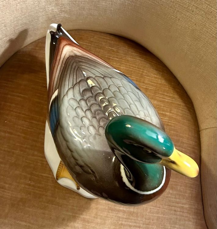 Canard Colvert En Vol, Sculpture Plastique Peinte à La Main, Années 60