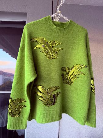 Esqualo Pullover mit Pailletten Applik. Blattdesign/neu