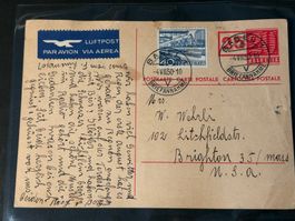 25 Rp. Luftpost PK mit 40 Rp. Zusatzfrankatur, Basel - USA