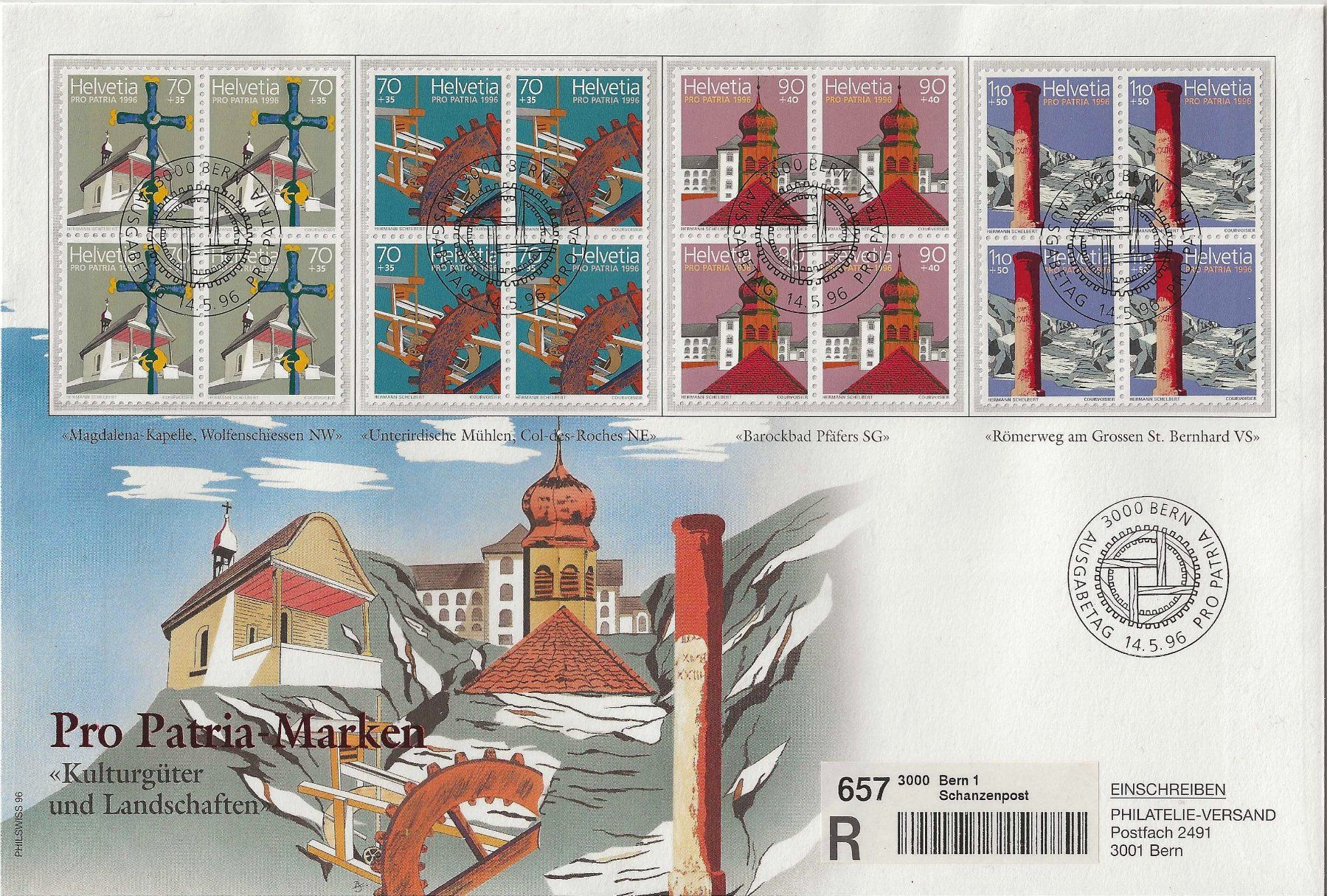Tutti i francobolli: FDC 4er Block-Serie Pro Patria 1996 – Usato da Zürich venduto da Philacat11