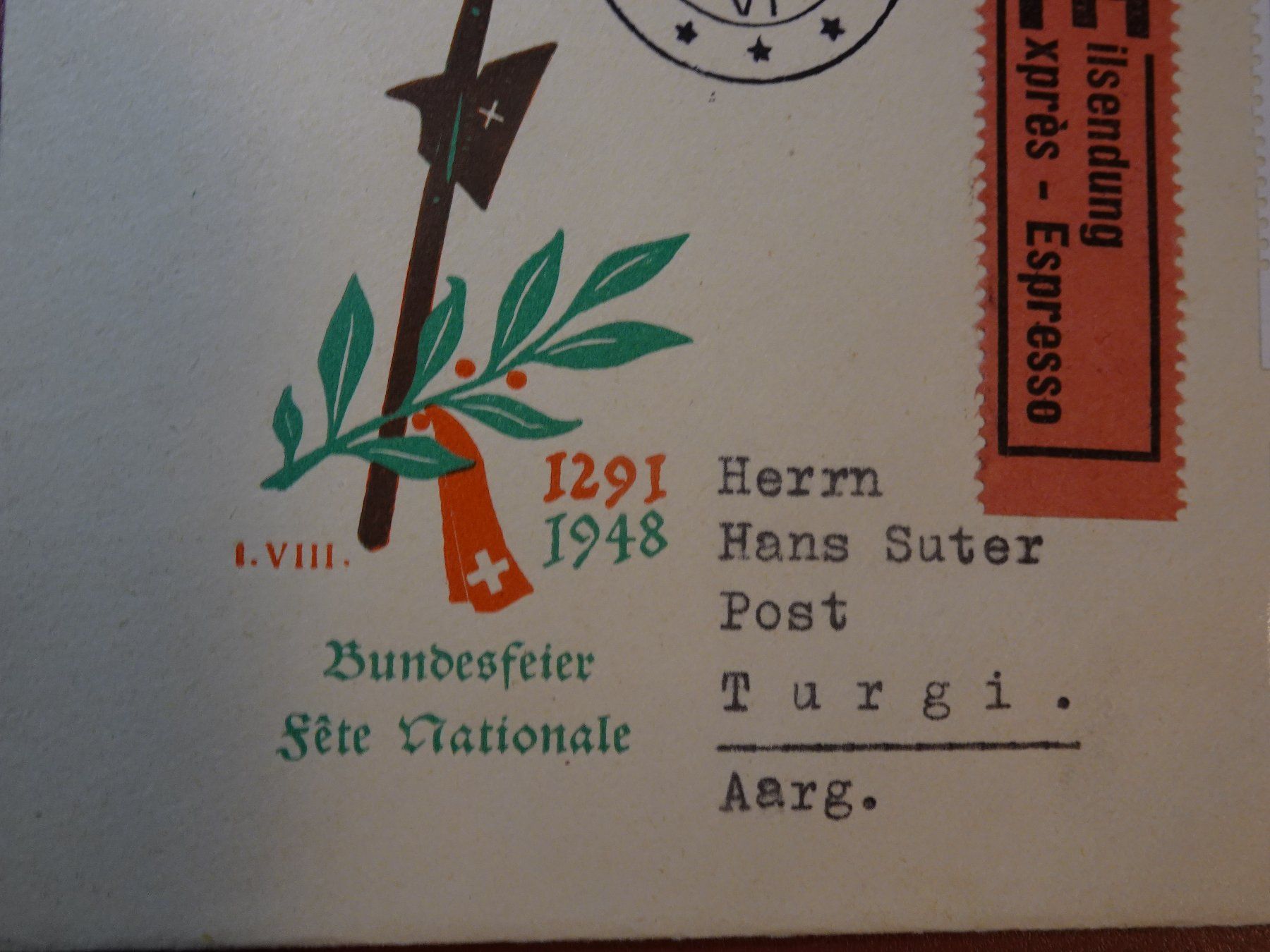 Alle Briefmarken: 1.VIII.48., TURGI BUNDESFEIERBRIEF 1948 – Gebraucht aus Eschenbach SG von eDaisy 1