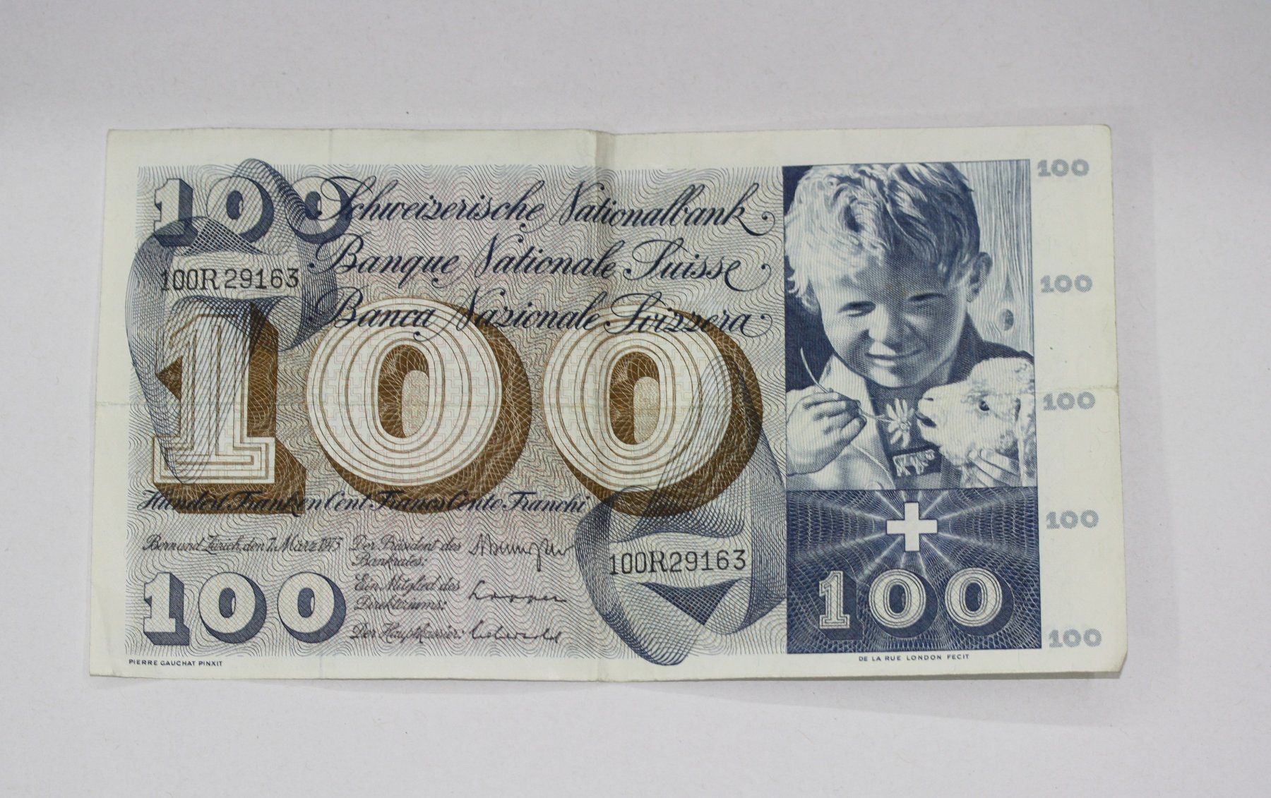 Banknoten: 100 Franken Note 1973 – Gebraucht aus Chur von Invinoveritas