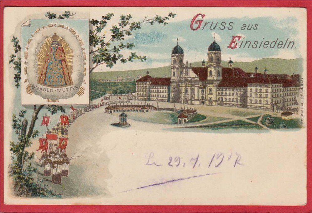 Cartoline postali: EINSIEDELN LITHO 1907 – Usato da Grüningen venduto da Kartenlaube