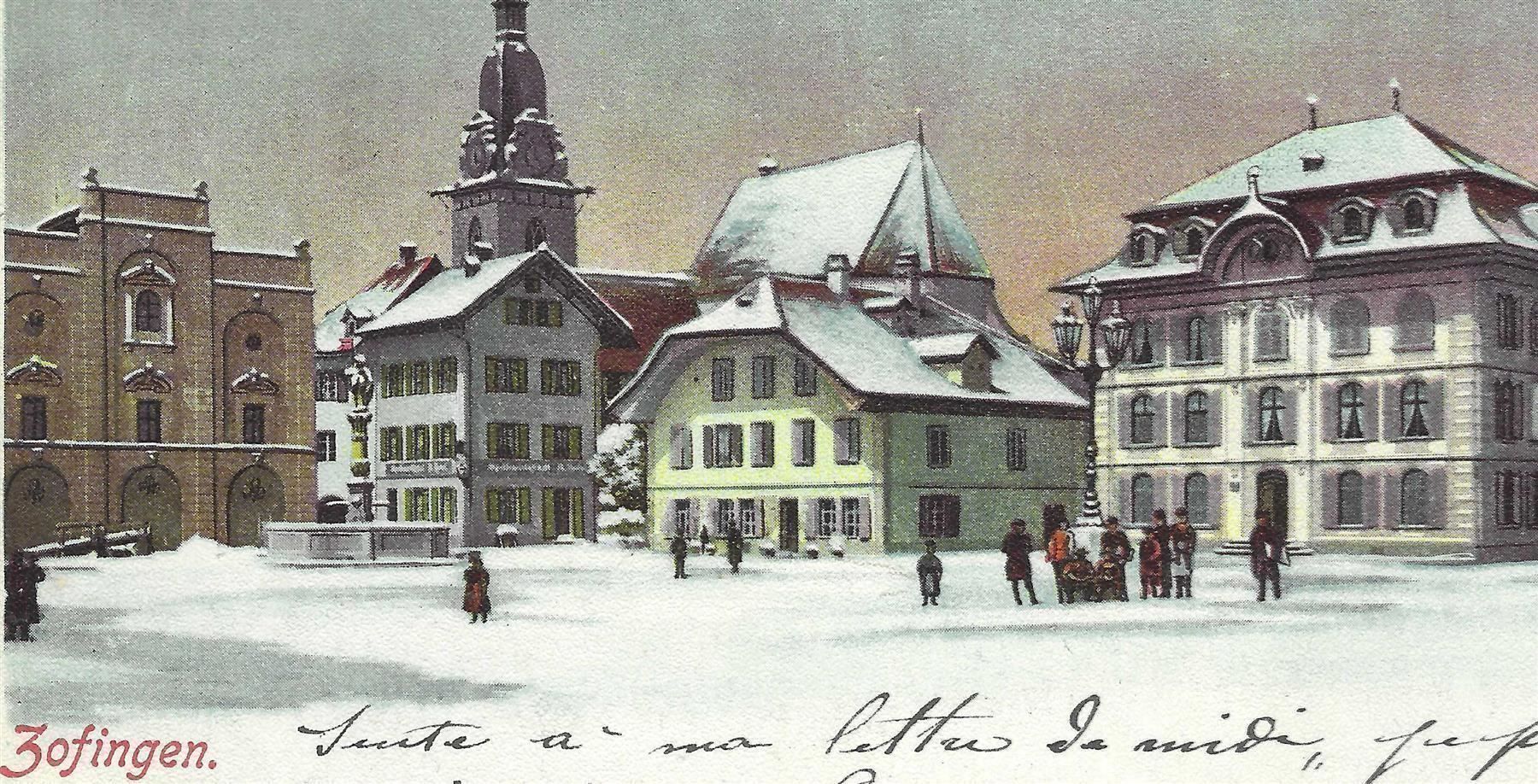 Cartoline postali: 30.9.1902Litho Zofingen-Dorfplatz/Winter – Usato da Zürich venduto da Hagliweg