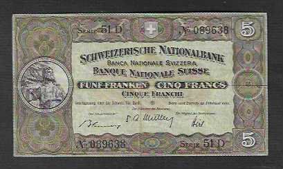 Banconote: CH  -  5  Fr.  1951  Gebraucht – Usato da Gordola venduto da coinsandnotes