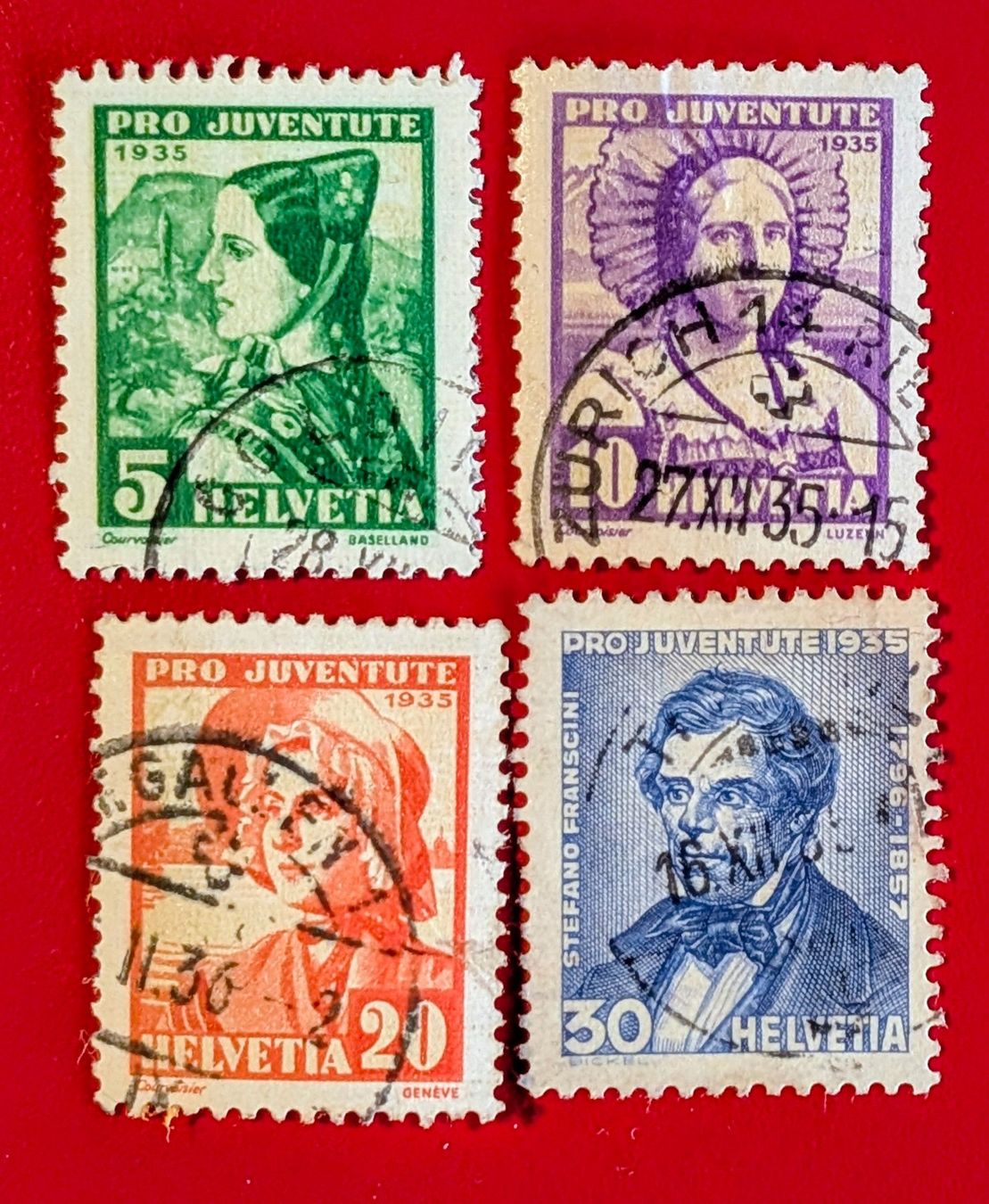 Tutti i francobolli: PRO JUVENTUTE SATZ 73 - 76 1935 GESTEMPELT – Usato da Düdingen venduto da Quartierstrasse