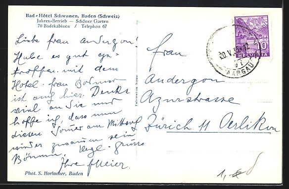 Cartoline postali: AK Baden, Hotel Schwanen, 1935 – Usato da Berlin venduto da bartko-reher 1