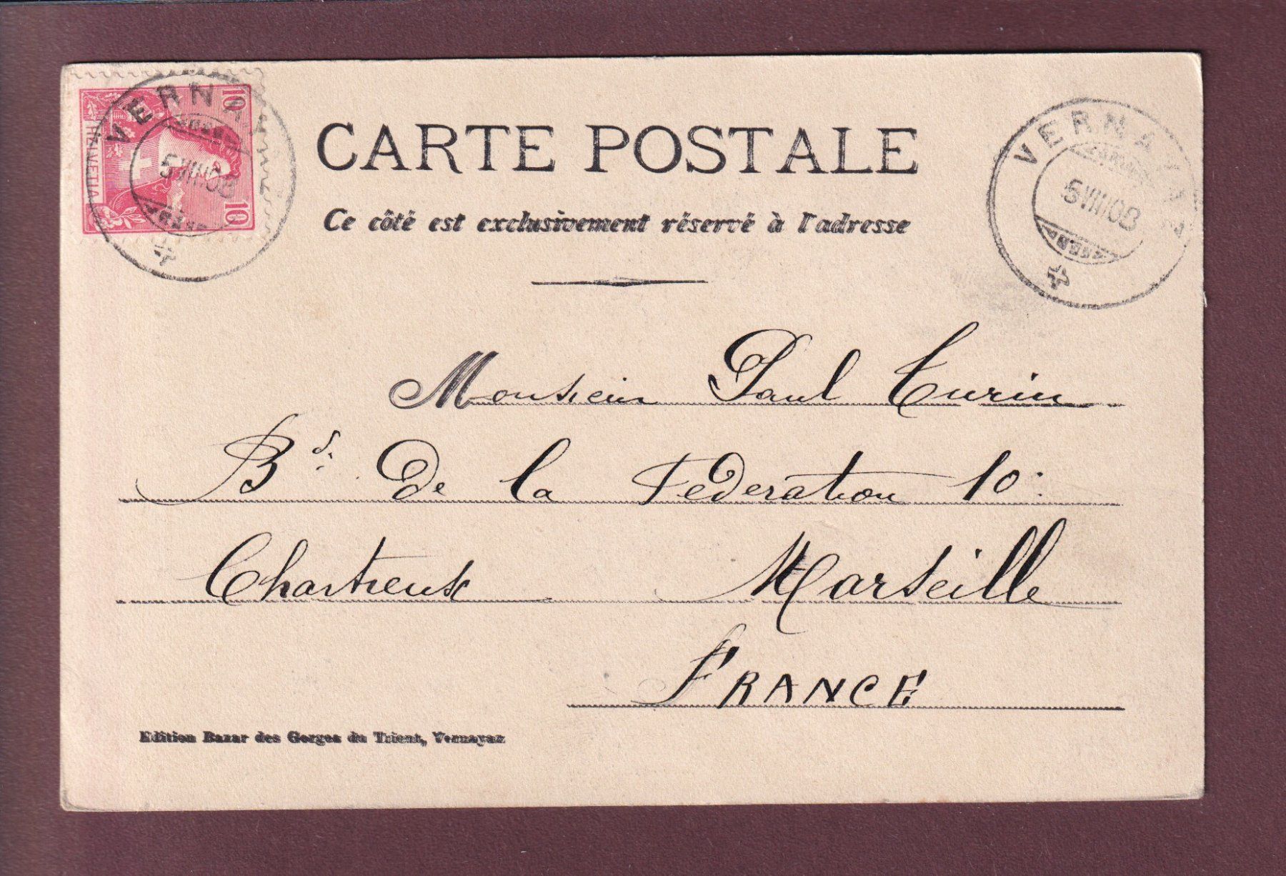 Cartoline postali: Gorges du TRIENT - L'Eglise - 1908 – Usato da Pully venduto da nicecards 1