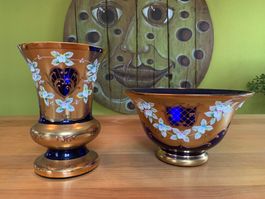 Murano Vasen Set mit Porzellan Blumen Deko - vergoldet