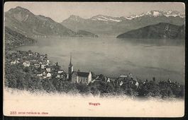 Weggis, Teilansicht des Ortes mit Gebirg