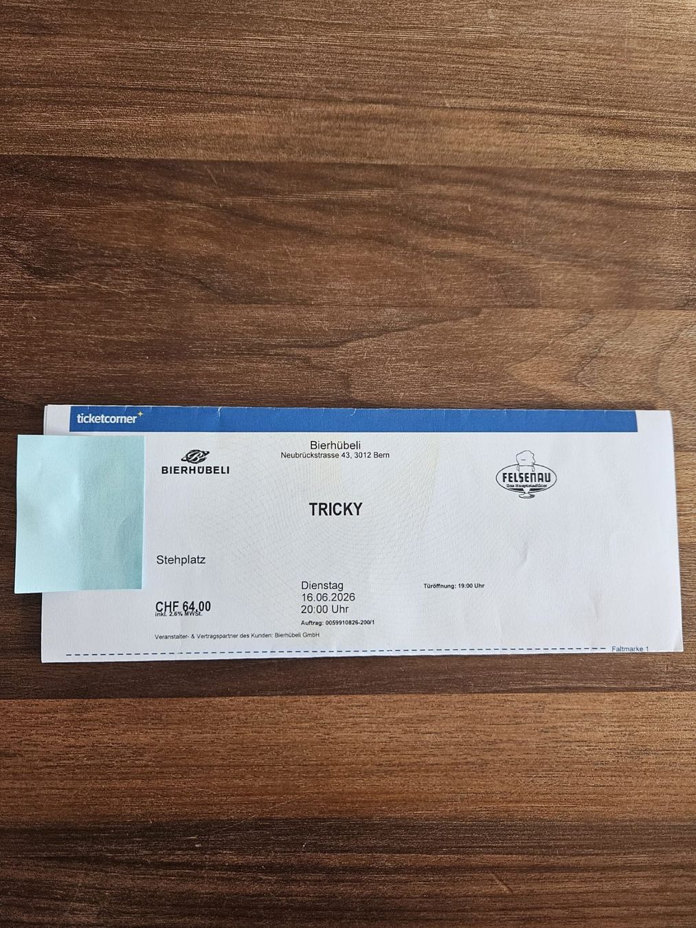 Biglietti: Konzertticket Tricky Bierhübeli Bern 16.6.2026 – Nuovo e nell'imballaggio originale da Liebefeld venduto da chr97f