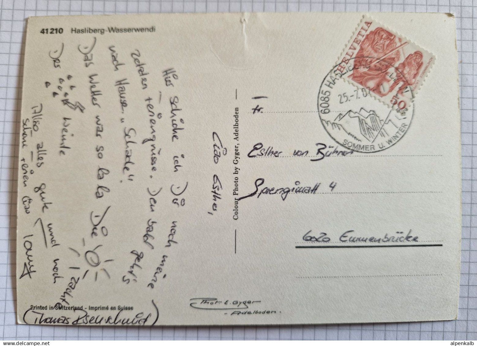 Cartoline postali: Hasliberg - Wasserwendi 1987 – Usato da Melchnau venduto da Fishel 1
