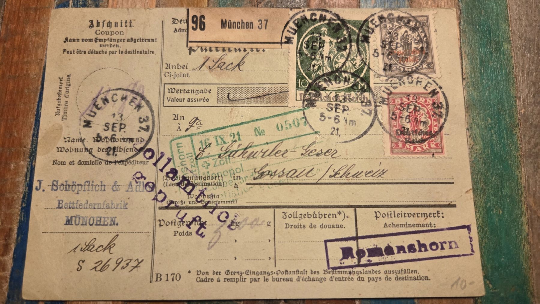 Tutti i francobolli: 1921 Paketkarte München – Usato da Arni AG venduto da Moth68