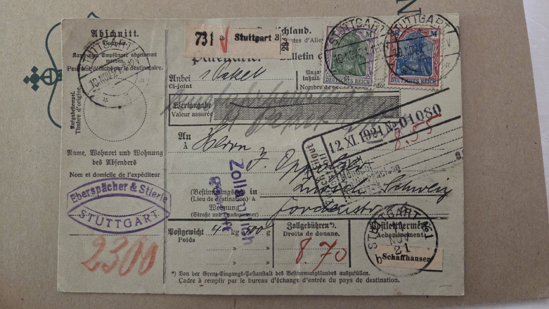 Alle Briefmarken: 1921Paketkarte Deutsches Reich – Gebraucht aus Arni AG von Moth68
