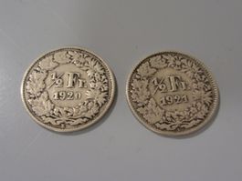 Schweizer Münzen: 1/2 Fr. 1920 und 1921 / Silber