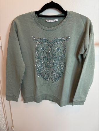🦉 Pull vert d’hiver hibou à sequins – Taille S