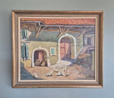 Tableau ancien signé A.Blanc "cours de ferme" peinture huile