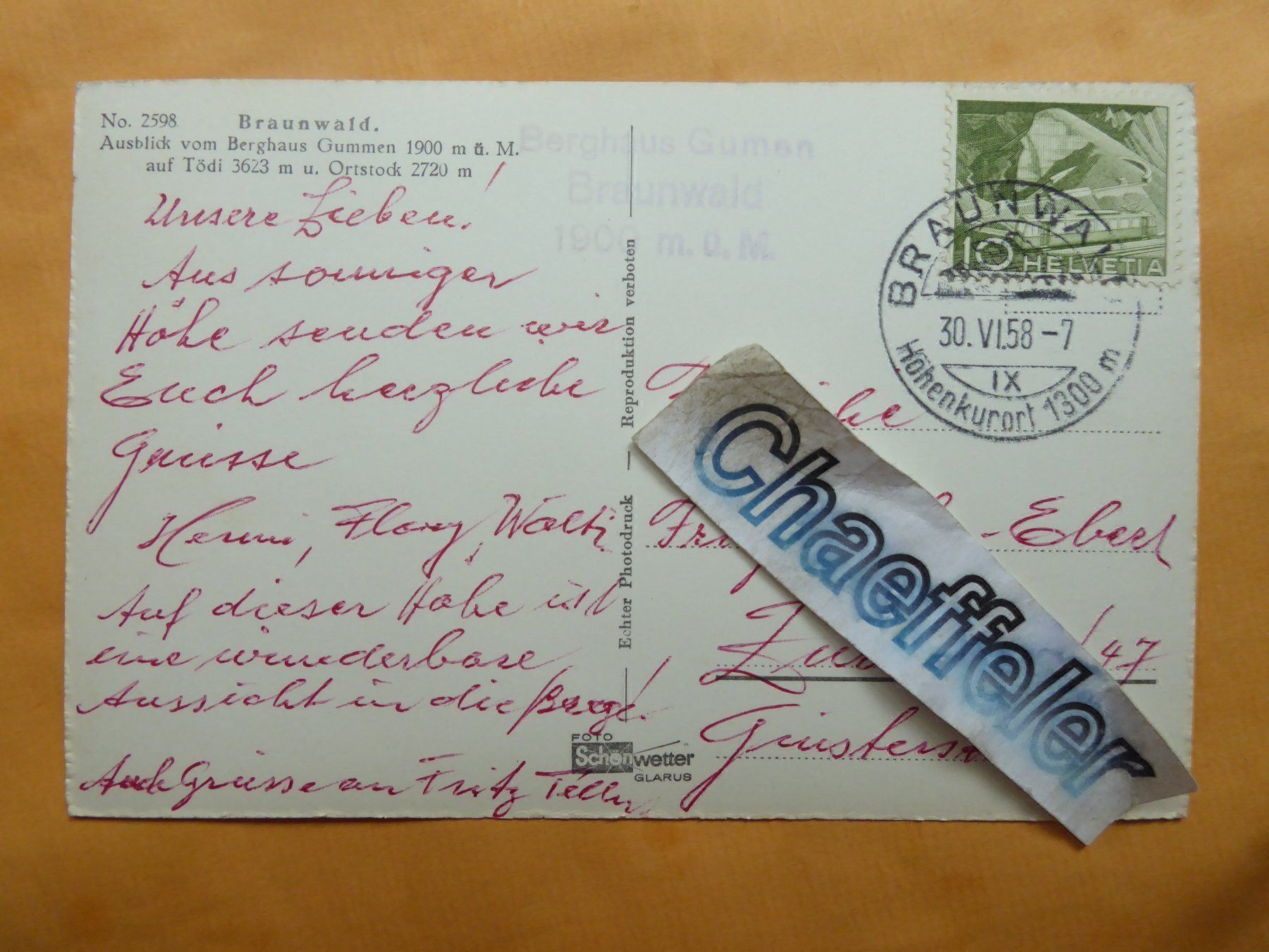 Ansichtskarten: No. 2598 Braunwald.  1958 – Gebraucht aus Zürich von Chaeffeler 1