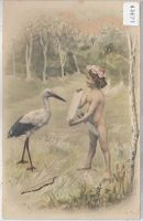 Storch holt Bestellung bei Kind - Präge-Litho