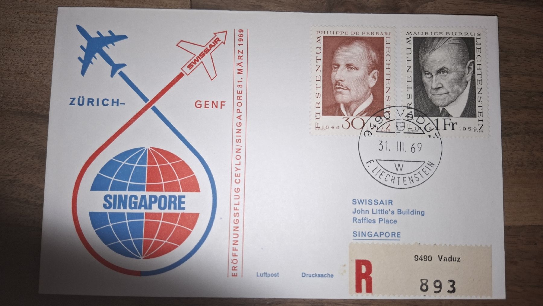 Tutti i francobolli: Swissair Ceylon - Singapore 31.03.1969 – Usato da Balgach venduto da SIMEON27