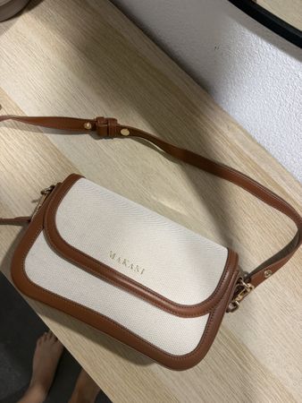 Umhängetasche Makani Leder Canvas beige braun guter Zustand