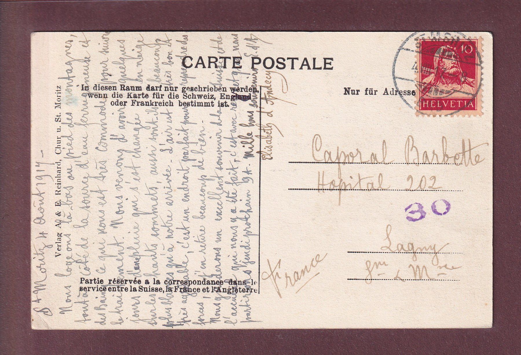 Cartoline postali: ST. MORITZ - 1917 – Usato da Pully venduto da nicecards 1