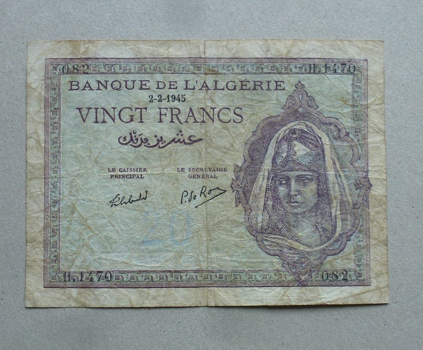 Banknoten: Algerien ++ 20 Francs 2.2.45 – Gebraucht aus Walkringen von Casablanca777