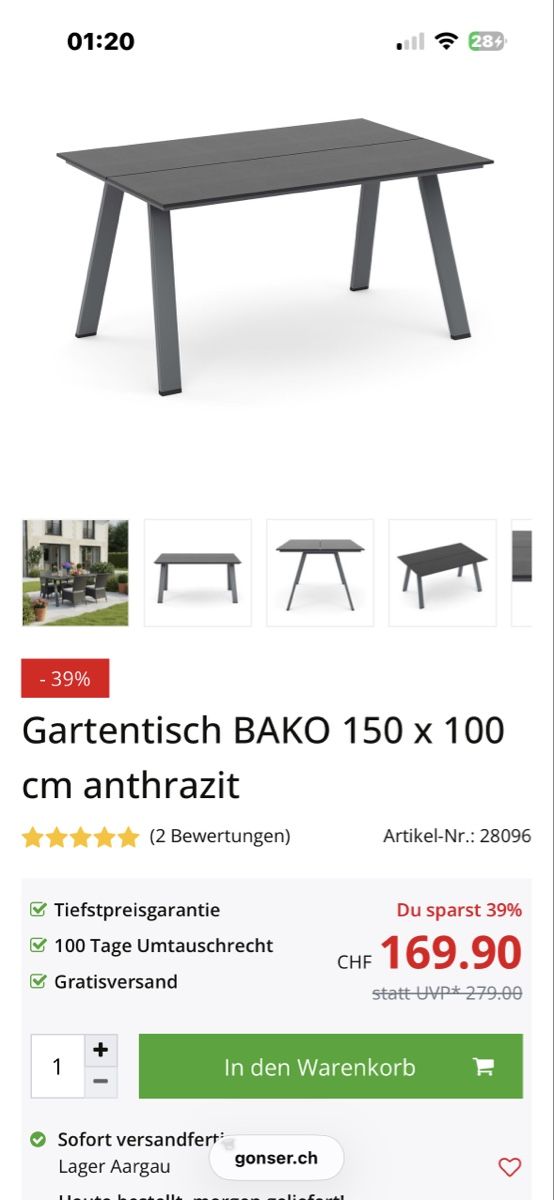Gonser Tavoli: Gartentisch Bako 150x100 cm anthrazit – Nuovo (secondo la descrizione) da Kreuzlingen venduto da Patty81