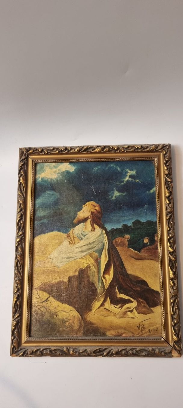 Gemälde: Gemälde Jesus auf dem Tempelberg, monogrammiert 37x29cm – Gebraucht aus Grenchen von swiss.antiques