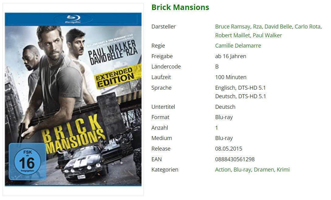 Tutti i DVDs: Brick Mansions (Bluray) – Usato da Buchrain venduto da Sssschaller