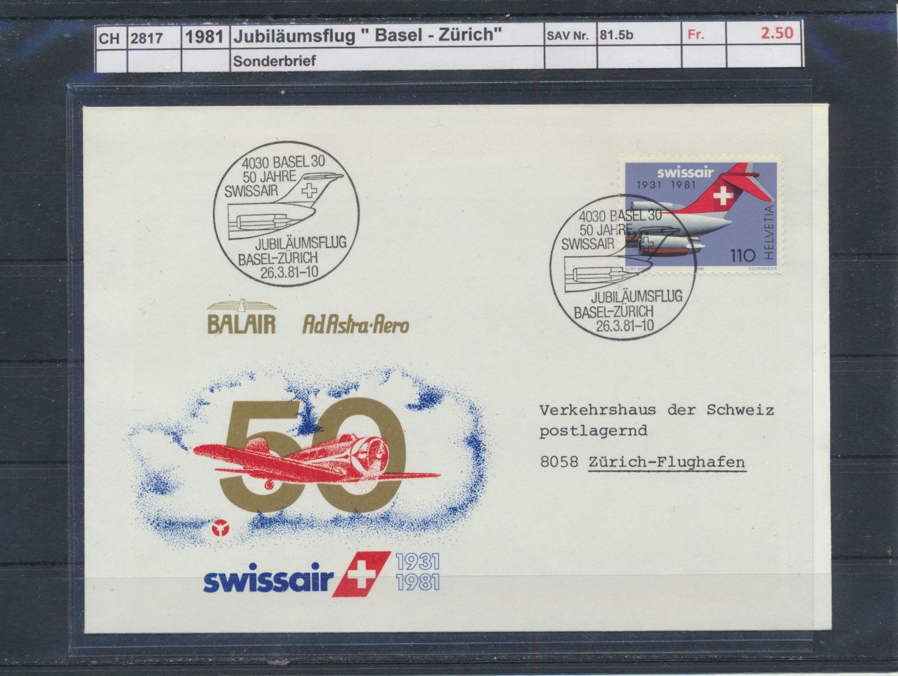 Alle Briefmarken: 1981 Jubiläumsflug, "Basel - Zürich", Sonderbrief – Gebraucht aus Winterthur von Zupogeru