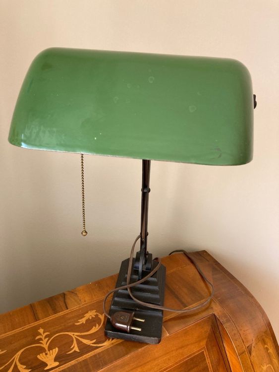 QJUZO Vintage Bankerlampe Weiß Mit Grünem Glasschirm – Einstellbare Tischlampe Für Büro & Wohnzimmer
