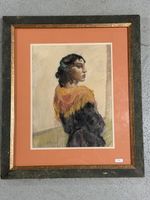 Dessin signé G. François portrait femme encadr. sous ver