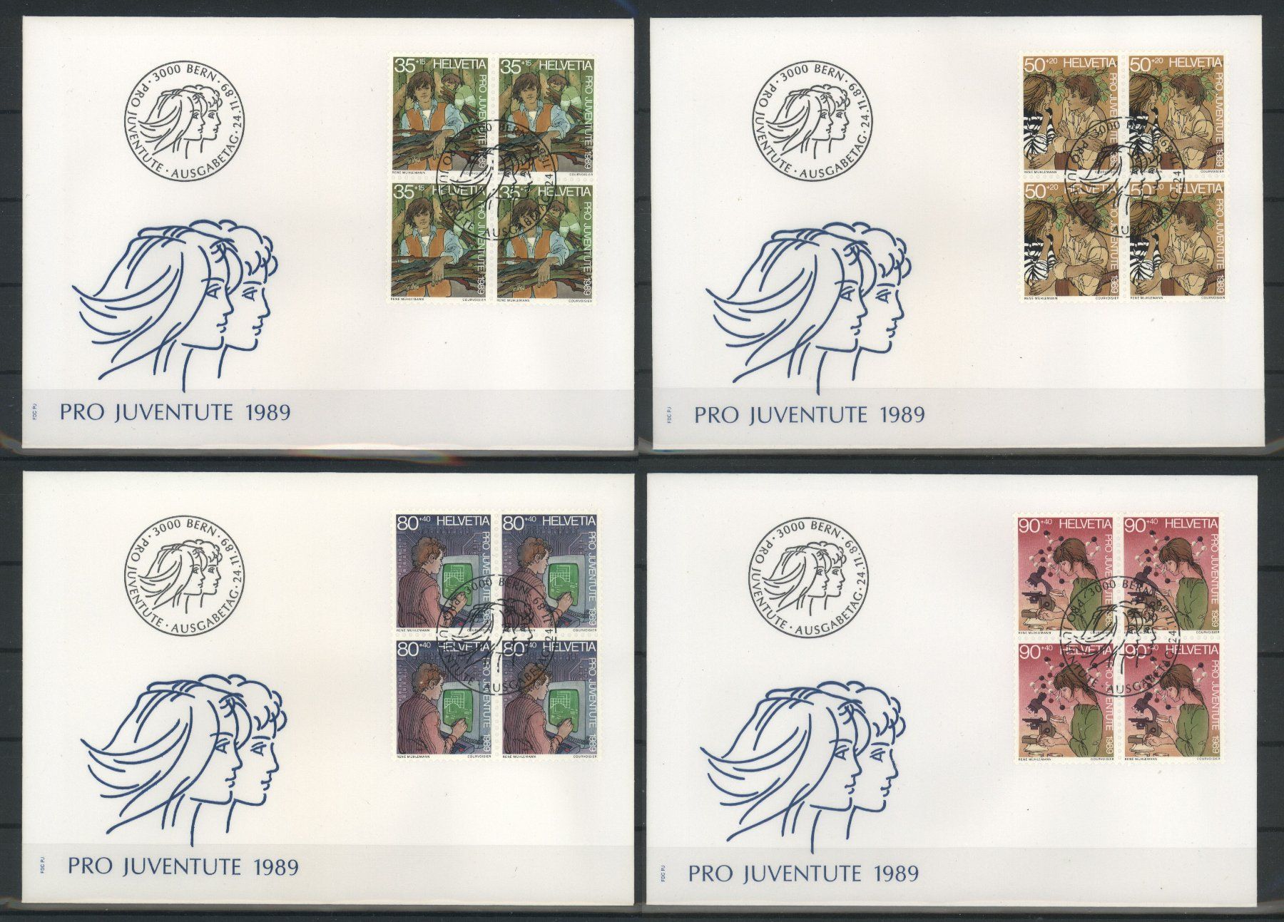 Tutti i francobolli: 1989, FDC, Pro Juventute, Viererblöcke – Usato da Willisau venduto da Vollstempel