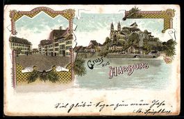 Lithographie Aarburg, Schloss und Markt am Fluss