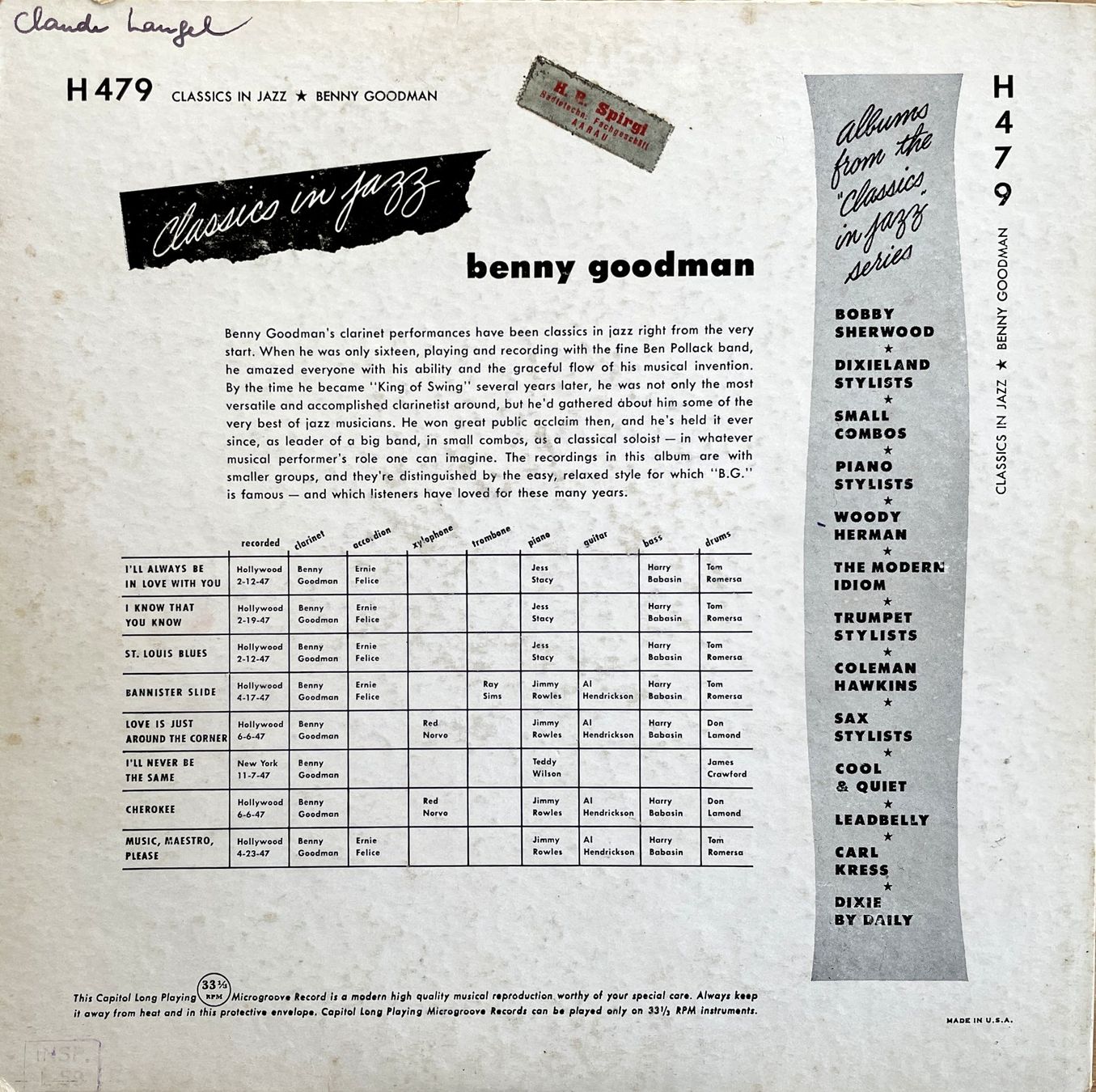 Dischi in vinile: Benny Goodman LP 10' - Classics In Jazz – Usato da Savagnier venduto da Ne2065 1