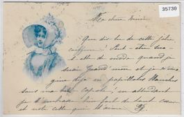 Modische Dame mit Hut - Femme Mode Chapeau - Litho