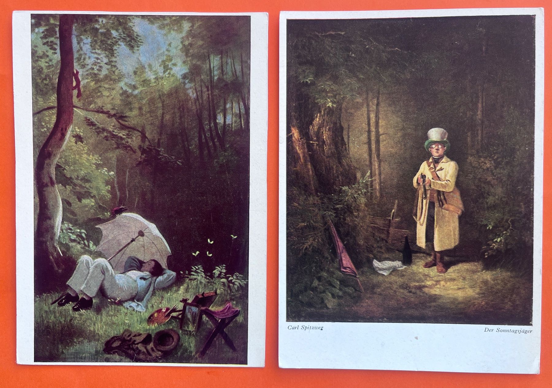 Cartoline postali: AK's  Spitzweg Karten, der Maler + der Sonntagsjäger – Usato da Biberist venduto da Edelfloh