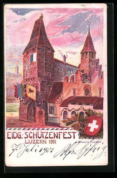 Cartoline postali: Luzern, Bannerturm, Kleine Restauration, – Usato da Berlin venduto da bartko-reher