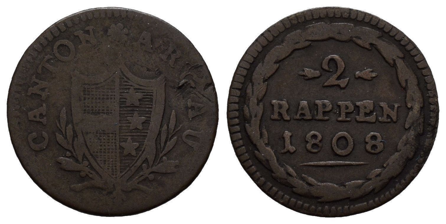 Alle Münzen: Aargau  2 Rappen 1808   /697 – Gebraucht aus Trimbach von Solothurn1