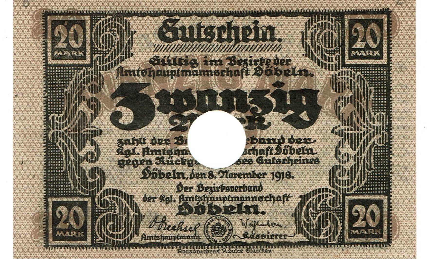 Banknoten: Döbeln 20 Mark 08.11.1918 VZ-VZ+ – Gebraucht aus Steffisburg von ber_8htf