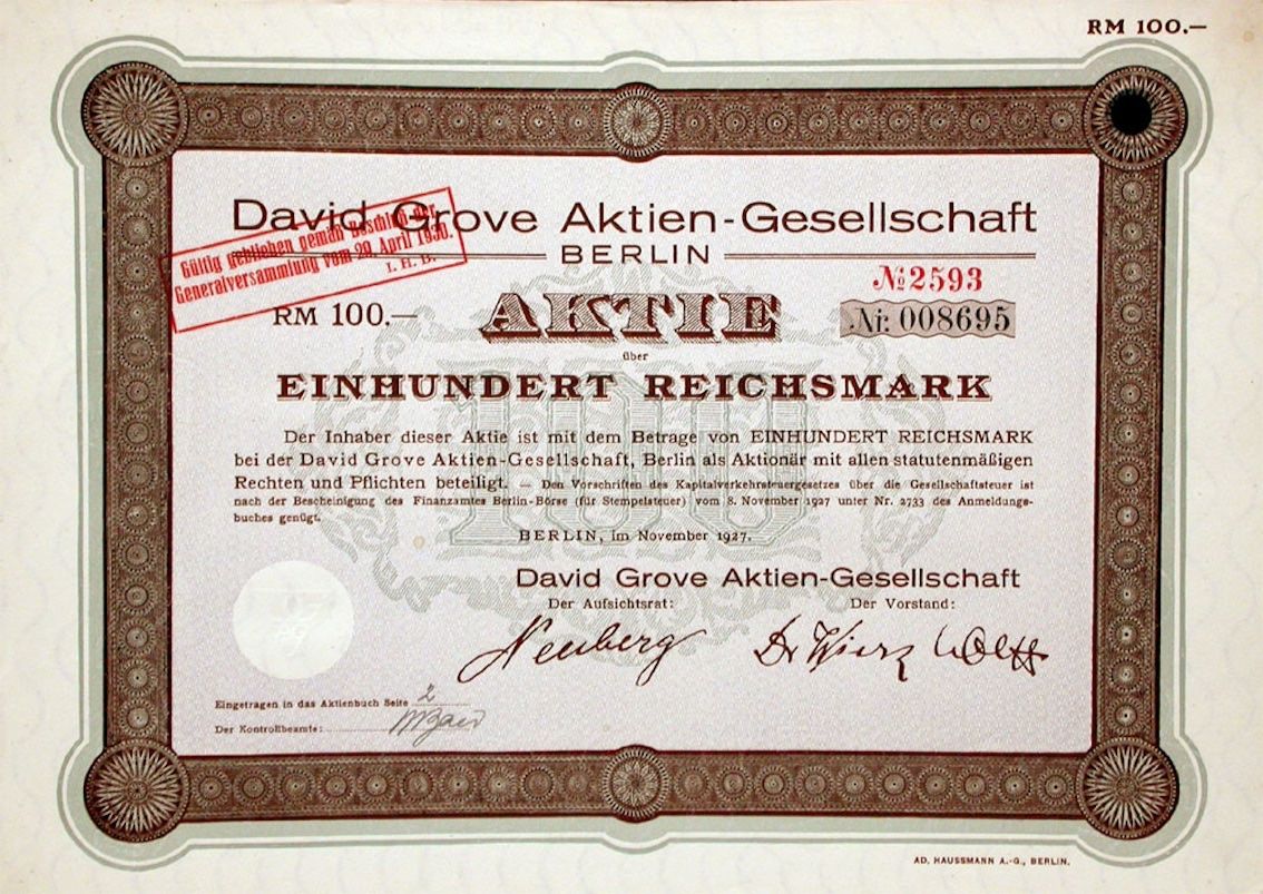 Dokumente: David Grove AG, Berlin - 1927 – Gebraucht aus Solothurn von Sgasche