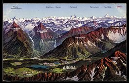 Künstler-AK Arosa, Ort mit Umgebung und Bergpanorama aus der