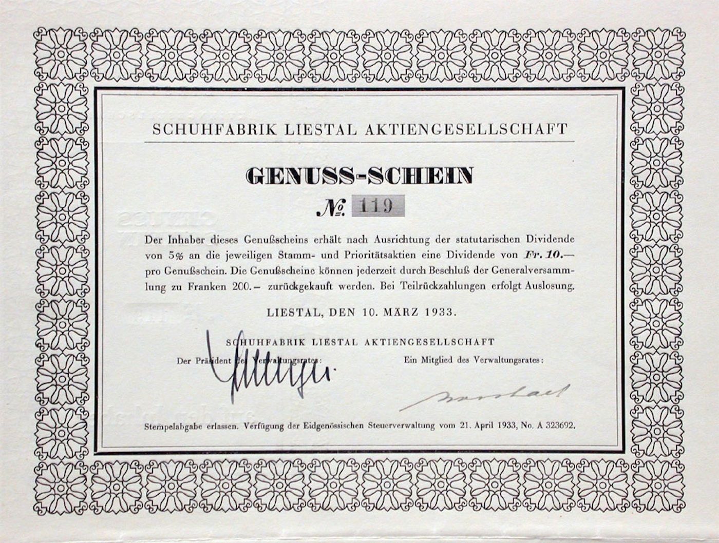 Dokumente: Schuhfabrik Liestal AG, Liestal - 1933 – Gebraucht aus Solothurn von Sgasche